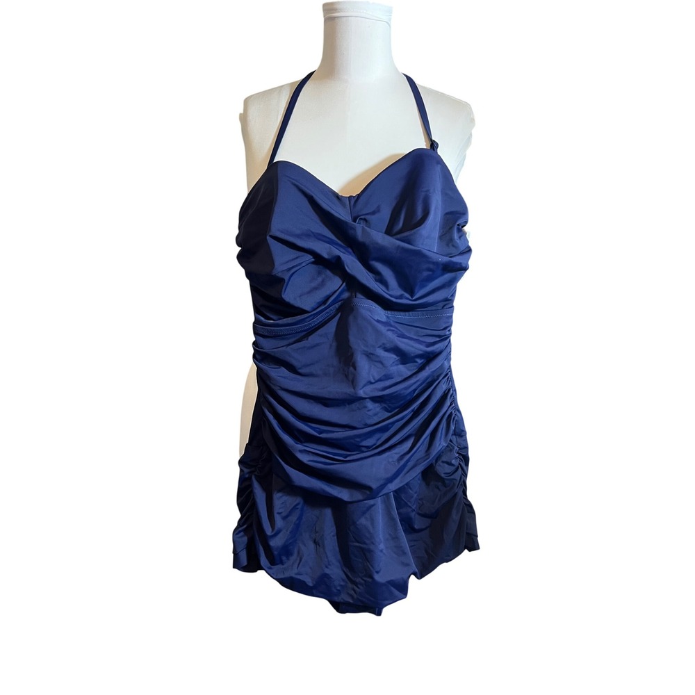 Dobreva Navy Blue Ruched One Piece Swim Dress Halter Underwire Sweetheart Neck